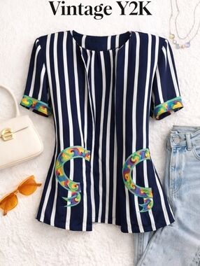 Vintage Y2K Stripe Blouse Shoulder Pads Rainbow Detail 20ptp